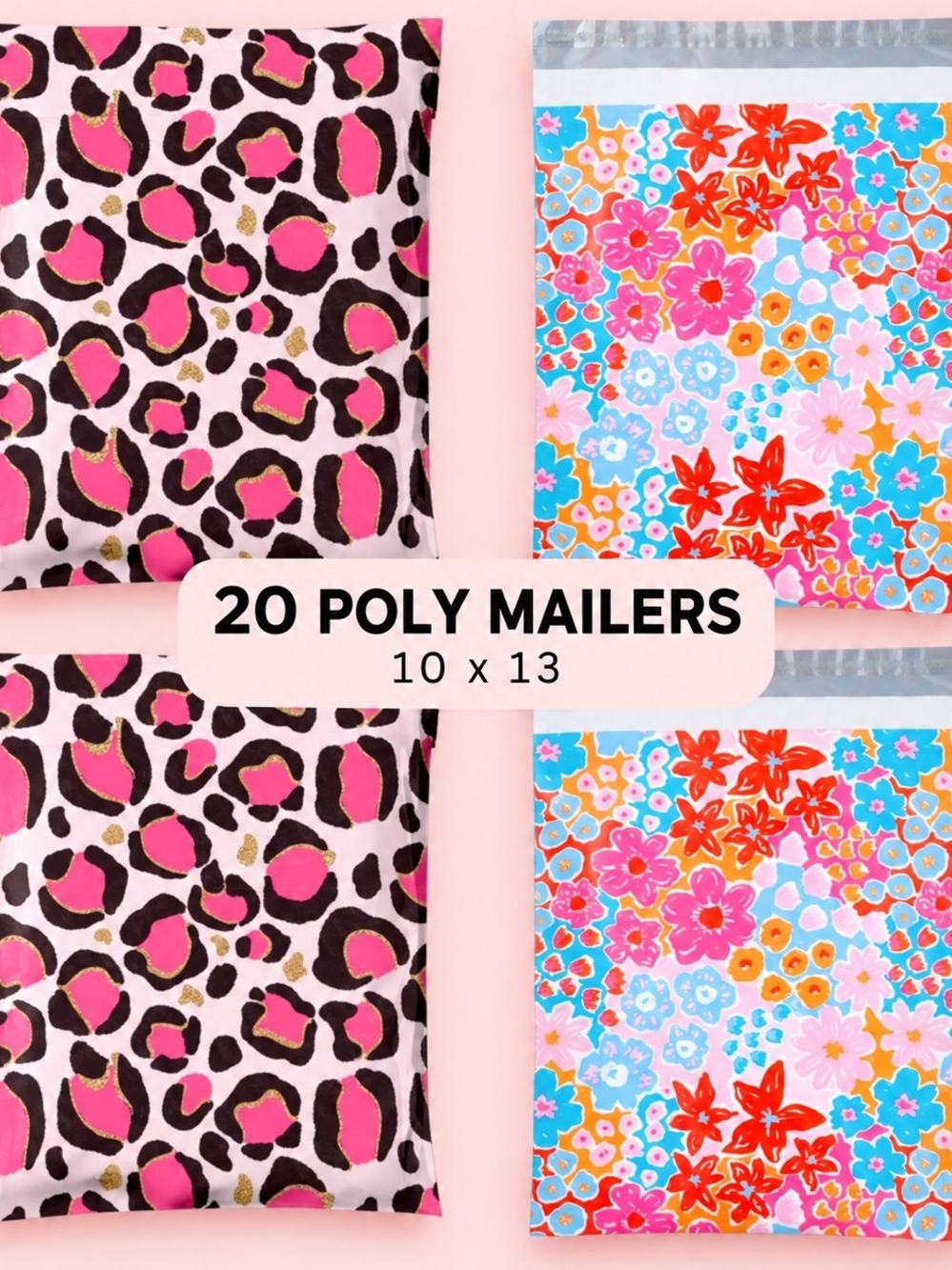 20 poly mailers mixed bundle pink leopard  and floral print 10x13